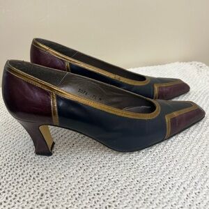 Margaret Jerrold Leather Heels with Gold Trim